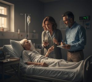 תמונת נושא של המאמר על צוואת שכיב מרע המציגה אישה מבוגרת שוכבת במיטת בית חולים ומדברת עם שני אנשים העומדים לצדה, ככל הנראה בני משפחתה. האישה העומדת מביטה בטלפון נייד, והגבר לצדה רושם הערות בפנקס קטן. החדר מואר בתאורה רכה המגיעה מחלון סמוך, וברקע נראים מכשירים רפואיים כמו עמוד אינפוזיה וצג דיגיטלי
