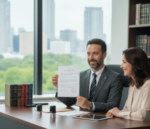 תמונת נושא של המאמר על עורך יפוי כוח מתמשך בחיפה המציגה עורך דין משפחה ישראלי מציג מסמך חשוב לאישה ישראלית, יושבים ליד שולחן משרדי עם חלון גדול המשקיף על נוף עירוני ירוק. ברקע נראית ספריית עורכי דין. שניהם מחייכים.