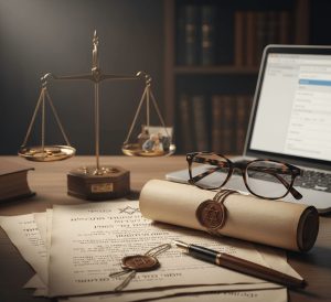 תמונת נושא של המאמר על איך מוציאים צו ירושה בישראל המציגה שולחן עבודה משפטי מציג גליל נייר חתום בחותם מגן דוד, משקפיים, עט נובע ומאזני צדק, כאשר בצד אחד של המאזניים מונחים מטבעות זהב ובצד השני תמונה משפחתית.