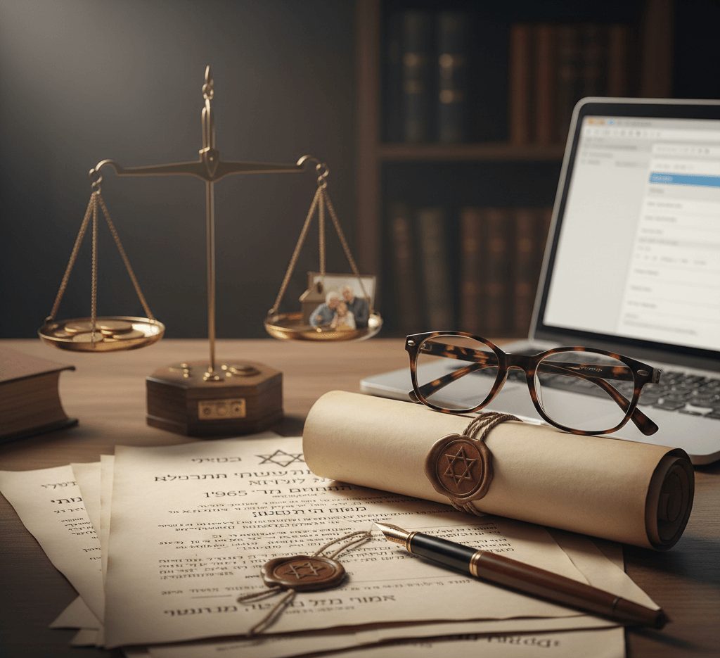 תמונת נושא של המאמר על איך מוציאים צו ירושה בישראל המציגה שולחן עבודה משפטי מציג גליל נייר חתום בחותם מגן דוד, משקפיים, עט נובע ומאזני צדק, כאשר בצד אחד של המאזניים מונחים מטבעות זהב ובצד השני תמונה משפחתית.