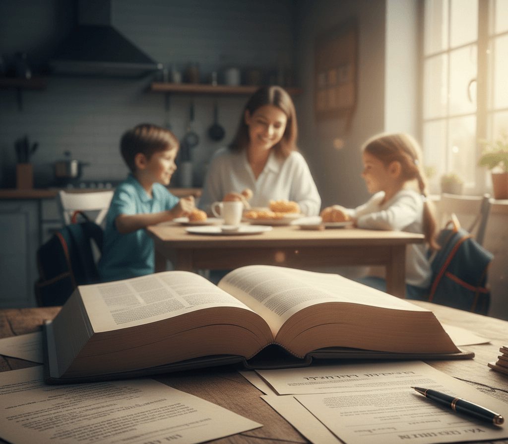 תמונת נושא של המאמר על מזונות זמניים המציגה בתקריב של ספר עב כרס פתוח על שולחן עץ כהה בקדמת הפריים. לצד הספר מונחים דפים עם כיתוב ועט נובע אלגנטי. ברקע המטושטש נראית משפחה הכוללת אם ושני ילדים, בן ובת, יושבים יחד סביב שולחן אוכל במטבח מואר באור יום רך וטבעי. האווירה בתמונה משדרת שילוב בין למידה והשכלה לבין חמימות משפחתית וביתיות.