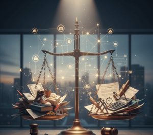 תמונת הנוושא של המאמר כמה משלמים מזונות על 2 ילדים המציגה איור סוריאליסטי של מאזני צדק מוזהבים העומדים במרכז הפריים על רקע חלון המשקיף לנוף עירוני לילי. כף המאזניים השמאלית עמוסה בחפצים חומריים הכוללים חבילות שטרות דולר, נעל ספורט אדומה, דגם קטן של בית ומכונית צהובה. כף המאזניים הימנית מכילה מסמכים משפטיים, מחשבון, שעון וגזרי נייר בצורת דמויות אנושיות המייצגות משפחה. מעל המאזניים מרחפת רשת קשרים דיגיטלית מאירה עם סמלים של אנשים, ובתחתית התמונה מונחים שני פטישי בית משפט מעץ לצד מטבעות מפוזרים. התמונה מעבירה מסר של איזון בין עושר חומרי לבין אחריות משפחתית ומשפטית