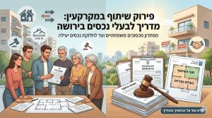תמונת נושא של המאמר על פירוק שיתוף בדירה שהתקבלה בירושה של איור גרפי המפוצל לשני חלקים המציג את תהליך פירוק השיתוף במקרקעין כאשר בצד שמאל נראים בני משפחה מודאגים בגילאים שונים מתווכחים סביב שולחן עם תוכניות בנייה ומסמכי בעלות ובצד ימין מוצג הפתרון הכולל ערימת מסמכים מסודרת עם פטיש בית משפט ותוכנית דירה המציינת בעלות נפרדת תחת הכותרת סוף השיתוף. במרכז התמונה מופיע טקסט בולט בעברית המכריז על מדריך לבעלי נכסים בירושה כפתרון לסכסוכים משפחתיים וחלוקה יעילה על רקע איורי בניינים מודרניים שמיים בהירים וסמלים של מכירה השכרה ולחיצת ידיים.