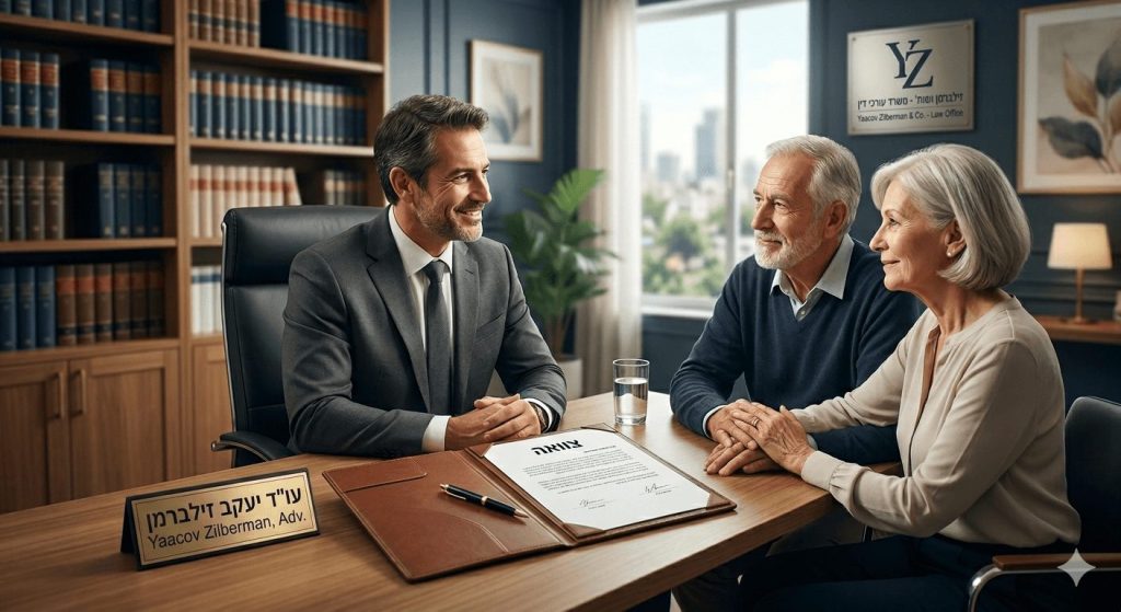 עורך דין עריכת צוואה בחליפה אפורה מחייך ומשוחח עם זוג מבוגר היושב מולו במשרד יוקרתי ומכובד המכיל ספריית ספרי חוק מעץ וחלון המשקיף לנוף עירוני. על שולחן העבודה מונח מסמך עור בולט עם הכיתוב צוואה בעברית ולצידו עט יוקרתי כאשר על השולחן ניצב שלט המציין את שם עורך הדין יעקב זילברמן. התמונה משדרת אמון ומקצועיות בתהליך עריכת מסמכים משפטיים אישיים באווירה רגועה ונינוחה.