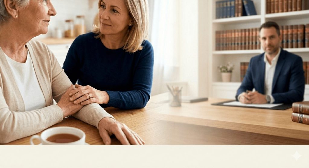 תמונת נושא של המאמר על עורך דין לענייני אפוטרופסות המציגה אישה בוגרת תומכת ומניחה את ידה על זרועה של אישה מבוגרת היושבת לצידה סביב שולחן עץ בשיחה אינטימית ורגישה הכוללת ספל תה חם. ברקע מופיע עורך דין בלבוש רשמי היושב במשרד מול ספריית ספרי חוק עמוסה המשרה תחושת ביטחון וליווי מקצועי. התמונה משדרת אמפתיה, תמיכה משפחתית וייעוץ משפטי אנושי הממוקד ברווחת הלקוח ובסביבה נינוחה ומכבדת.