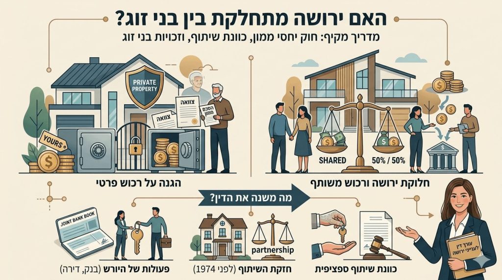אינפוגרפיקה משפטית בעברית העוסקת בשאלה האם ירושה מתחלקת בין בני זוג ומציגה שני תרחישים מרכזיים לצד גורמים משפיעים כאשר בצד ימין למטה מופיעה דמות של עורכת דין המחזיקה תיקיה ועליה הכיתוב עורכת דין לענייני ירושה. החלק השמאלי העליון מוקדש להגנה על רכוש פרטי ומציג בית עם שלט רכוש פרטי כספת נעולה ומסמכי צוואה והסכם ממון המדגישים הפרדה רכושית בעוד החלק הימני העליון מציג חלוקת ירושה ורכוש משותף באמצעות מאזניים המאזנים בין שקי כסף עם הכיתוב חמישים אחוז לכל צד וזוג העומד ליד בית מודרני. בחלק התחתון מפורטים ארבעה גורמים שעשויים לשנות את הדין והם פעולות של היורש בחשבון בנק או בדירה חזקת השיתוף לנכסים מלפני שנת אלף תשע מאות שבעים וארבע כוונת שיתוף ספציפית המיוצגת על ידי העברת מפתח ומסמך משפטי עם פטיש שופט.