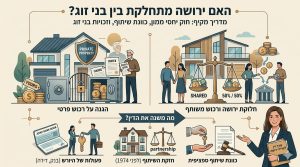 אינפוגרפיקה משפטית בעברית העוסקת בשאלה האם ירושה מתחלקת בין בני זוג ומציגה שני תרחישים מרכזיים לצד גורמים משפיעים כאשר בצד ימין למטה מופיעה דמות של עורכת דין המחזיקה תיקיה ועליה הכיתוב עורכת דין לענייני ירושה. החלק השמאלי העליון מוקדש להגנה על רכוש פרטי ומציג בית עם שלט רכוש פרטי כספת נעולה ומסמכי צוואה והסכם ממון המדגישים הפרדה רכושית בעוד החלק הימני העליון מציג חלוקת ירושה ורכוש משותף באמצעות מאזניים המאזנים בין שקי כסף עם הכיתוב חמישים אחוז לכל צד וזוג העומד ליד בית מודרני. בחלק התחתון מפורטים ארבעה גורמים שעשויים לשנות את הדין והם פעולות של היורש בחשבון בנק או בדירה חזקת השיתוף לנכסים מלפני שנת אלף תשע מאות שבעים וארבע כוונת שיתוף ספציפית המיוצגת על ידי העברת מפתח ומסמך משפטי עם פטיש שופט.