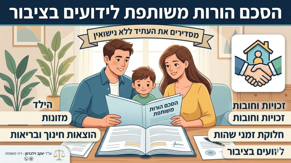 אינפוגרפיקה מאוירת עם רקע סלון מציגה זוג מחייך וילד קטן במרכז יושבים סביב שולחן עץ וקוראים יחד ספר שכותרתו 'הסכם הורות משותפת'. מעל הזוג מתנוסס סרט ובו הכיתוב 'מסידרים את העתיד ללא נישואין'. הכותרת הראשית בכחול כהה בחלק העליון מכריזה 'הסכם הורות משותפת לידועים בציבור'. מימין מופיע סמל מרובע לבן עם איור של שתי ידיים לוחצות ידיים וסמל בית קטן עם דמות אדם בתוכו, המייצג שותפות וקורת גג משותפת. מתחת לסמל זה מופיעות כותרות נפרדות כמו 'זכויות וחובות', 'חלוקת זמני שהות' ו'לידועים בציבור'. משמאל לכותרות אלו ישנן תוויות עבור 'הילד', 'מזונות' ו'הוצאות חינוך ובריאות'. שולחן העץ מלא במסמכים חתומים וספר פתוח שעליו מונח עט נובע. הפינה השמאלית התחתונה מציגה לוגו של מאזני צדק עם חתימת עורך הדין יואב גולן לדיני משפחה ופרטי התקשרות. שני עציצים ירוקים גדולים ממוקמים משני צידי הזוג. התמונה מועברת בסגנון איור נקי ובהיר עם צבעים חמים.