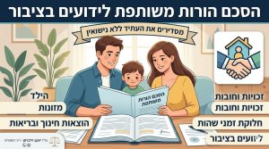 אינפוגרפיקה מאוירת עם רקע סלון מציגה זוג מחייך וילד קטן במרכז יושבים סביב שולחן עץ וקוראים יחד ספר שכותרתו 'הסכם הורות משותפת'. מעל הזוג מתנוסס סרט ובו הכיתוב 'מסידרים את העתיד ללא נישואין'. הכותרת הראשית בכחול כהה בחלק העליון מכריזה 'הסכם הורות משותפת לידועים בציבור'. מימין מופיע סמל מרובע לבן עם איור של שתי ידיים לוחצות ידיים וסמל בית קטן עם דמות אדם בתוכו, המייצג שותפות וקורת גג משותפת. מתחת לסמל זה מופיעות כותרות נפרדות כמו 'זכויות וחובות', 'חלוקת זמני שהות' ו'לידועים בציבור'. משמאל לכותרות אלו ישנן תוויות עבור 'הילד', 'מזונות' ו'הוצאות חינוך ובריאות'. שולחן העץ מלא במסמכים חתומים וספר פתוח שעליו מונח עט נובע. הפינה השמאלית התחתונה מציגה לוגו של מאזני צדק עם חתימת עורך הדין יואב גולן לדיני משפחה ופרטי התקשרות. שני עציצים ירוקים גדולים ממוקמים משני צידי הזוג. התמונה מועברת בסגנון איור נקי ובהיר עם צבעים חמים.