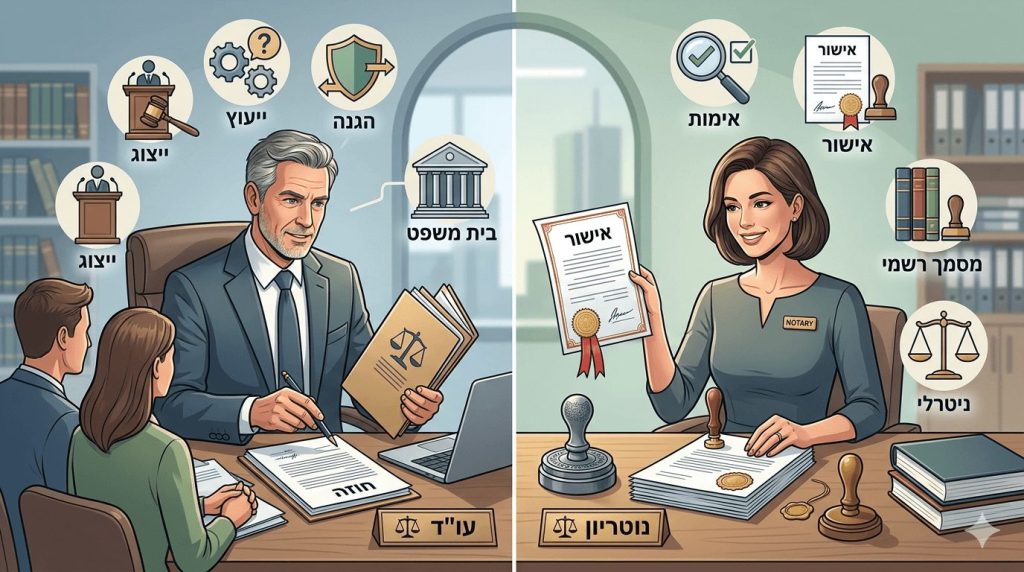 תמונת נושא של המאמר על ממה ההבדל בין נוטריון לעורך דין המציגה פגישת ייעוץ במשרד מואר שבו זוג מבוגר, גבר ואישה בעלי שיער שיבה הלבושים בבגדים יומיומיים ואלגנטיים, יושבים יחד על ספת עור חומה ומקשיבים בריכוז ובחיוך קל לאיש מקצוע. מולם יושב גבר צעיר יותר בחליפה כחולה וענוד עניבה מאחורי שולחן עבודה מעץ, כשהוא אוחז בעט ומצביע על ספר מסמכים פתוח. על שולחן העץ מוצגים אייקונים גרפיים קטנים המייצגים נכסים ונושאים אישיים כמו בית, לב, מפתח, בנק ורפואה, ובנוסף מונחת עליו מסגרת עם תרשים זרימה. ברקע המשרד ניתן לראות כוננית ספרים מלאה, שולחן עץ נוסף וחלון גדול המשקיף אל נוף עירוני ירוק תחת שמיים בהירים.