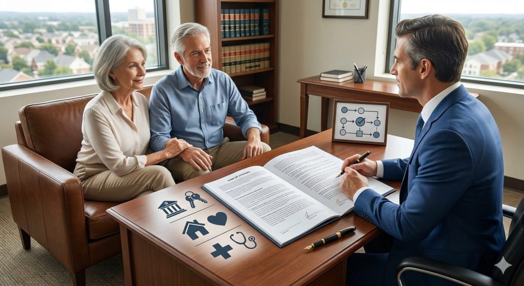 תמונת נושא של המאמר על עריכת ייפוי כוח מתמשך המציגה פגישת ייעוץ במשרד מואר שבו זוג מבוגר, גבר ואישה בעלי שיער שיבה הלבושים בבגדים יומיומיים ואלגנטיים, יושבים יחד על ספת עור חומה ומקשיבים בריכוז ובחיוך קל לאיש מקצוע. מולם יושב גבר צעיר יותר בחליפה כחולה וענוד עניבה מאחורי שולחן עבודה מעץ, כשהוא אוחז בעט ומצביע על ספר מסמכים פתוח. על שולחן העץ מוצגים אייקונים גרפיים קטנים המייצגים נכסים ונושאים אישיים כמו בית, לב, מפתח, בנק ורפואה, ובנוסף מונחת עליו מסגרת עם תרשים זרימה. ברקע המשרד ניתן לראות כוננית ספרים מלאה, שולחן עץ נוסף וחלון גדול המשקיף אל נוף עירוני ירוק תחת שמיים בהירים.