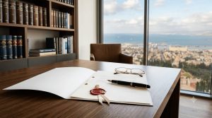 מבט תקריב מזווית נמוכה על שולחן עבודה מעץ כהה במשרד עורכי דין יוקרתי המציג תיקיית מסמכים פתוחה עם דפים לבנים וחותם שעווה אדום בולט הקשור בסרט מוזהב המאשר צוואה נוטריונית ולצידה עט נובע יוקרתי בצבע שחור וזהב ומשקפי קריאה עם מסגרת זהב כשברקע נראית כוורת ספרים עמוסה וחלון ענק הפונה לנוף פנורמי מרהיב של מפרץ חיפה והעיר התחתית באור יום עם שמים כחולים ועננים.