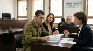 אדם במדי צבא קורא מסמכים משפטיים עם עורכת דין בבית משפט לענייני משפחה עם הוריו ברקע כאשר שלט על הקיר מציין את הנושא מזונות לילד מעל גיל 18