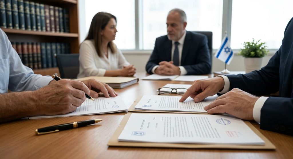 צילום של פגישה משפטית רשמית במשרד עורכי דין בישראל, הממחיש הליך של ביטול ייפוי כוח מתמשך. בחזית נראות ידיהם של שני גברים היושבים סביב שולחן ישיבות מעץ: אחד מחזיק בעט נובע ומוכן לחתום על מסמכים משפטיים בעברית הנושאים חותמות רשמיות, בעוד השני, הלבוש בחליפה כהה, מצביע על סעיף מסוים במסמך. על השולחן מונחים תיקיות, מסמכים, עט נוסף ומשקפי קריאה. ברקע, מחוץ לפוקוס, נראים אישה וגבר מבוגר יותר (הלקוחות) יושבים קשובים, לצד עורך דין נוסף בחליפה ועניבה. בחדר ניתן להבחין בספריית עץ עמוסה בספרי משפט, חלון גדול המכניס אור טבעי, ודגל ישראל קטן על השולחן, המדגישים את האופי הרשמי והחוקי של המעמד.