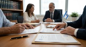 צילום של פגישה משפטית רשמית במשרד עורכי דין בישראל, הממחיש הליך של ביטול ייפוי כוח מתמשך. בחזית נראות ידיהם של שני גברים היושבים סביב שולחן ישיבות מעץ: אחד מחזיק בעט נובע ומוכן לחתום על מסמכים משפטיים בעברית הנושאים חותמות רשמיות, בעוד השני, הלבוש בחליפה כהה, מצביע על סעיף מסוים במסמך. על השולחן מונחים תיקיות, מסמכים, עט נוסף ומשקפי קריאה. ברקע, מחוץ לפוקוס, נראים אישה וגבר מבוגר יותר (הלקוחות) יושבים קשובים, לצד עורך דין נוסף בחליפה ועניבה. בחדר ניתן להבחין בספריית עץ עמוסה בספרי משפט, חלון גדול המכניס אור טבעי, ודגל ישראל קטן על השולחן, המדגישים את האופי הרשמי והחוקי של המעמד.